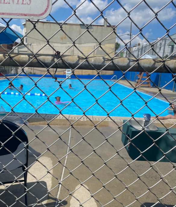 view of rectangular swimming pool through fence
