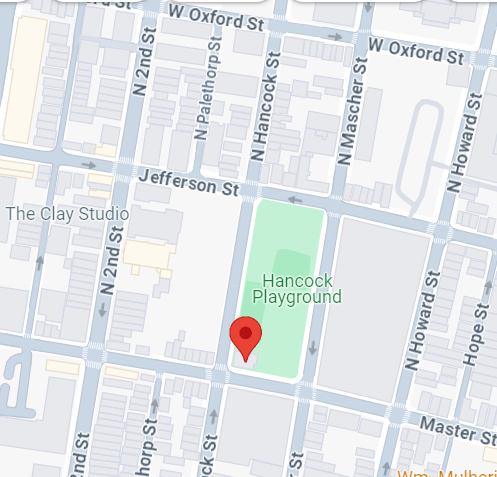 Map of area surrounding Handock Playground with marker for the playground