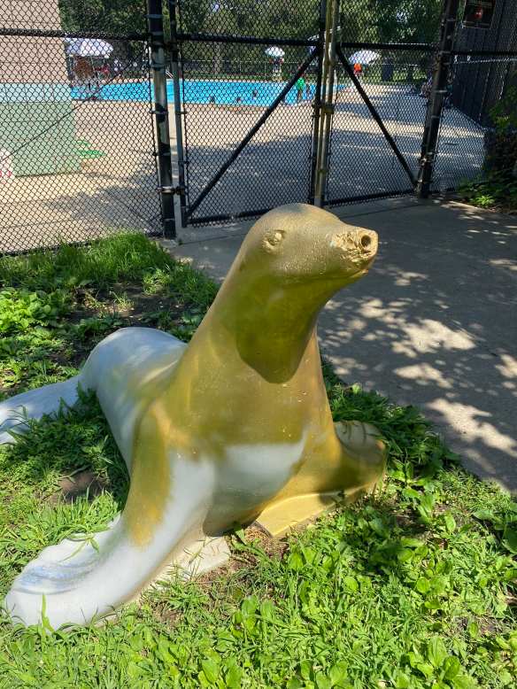 Seal Foutain Statue in front of Mander Playground Pool
