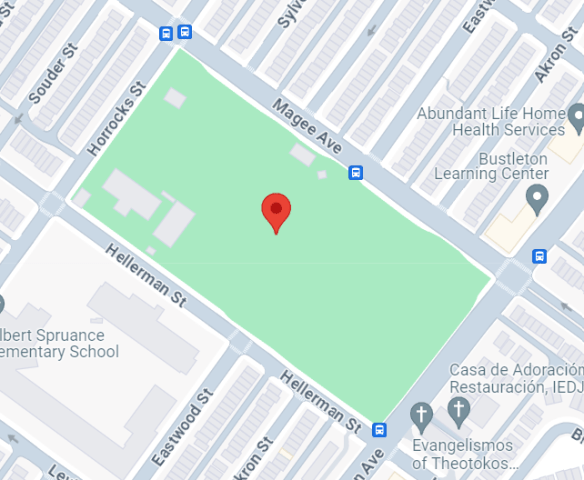 Map of area surrounding Max Meyers Recreation Centerwith Maker indicating location of Rec Center building