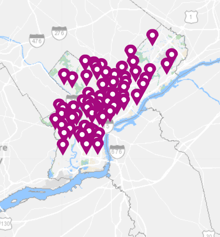 Map of Philadelphia with markers for the 72 listed pools on the City of Philadelphia Department of Recreation Finder page. 
