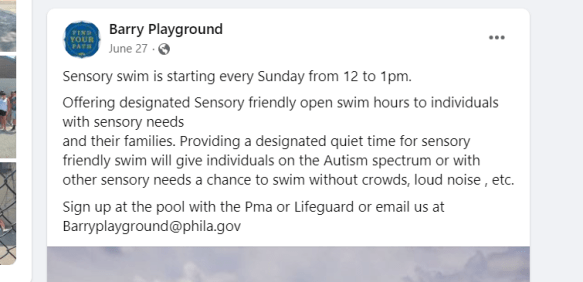 Barry Playground 2024 Sensory Swim post on Facebook